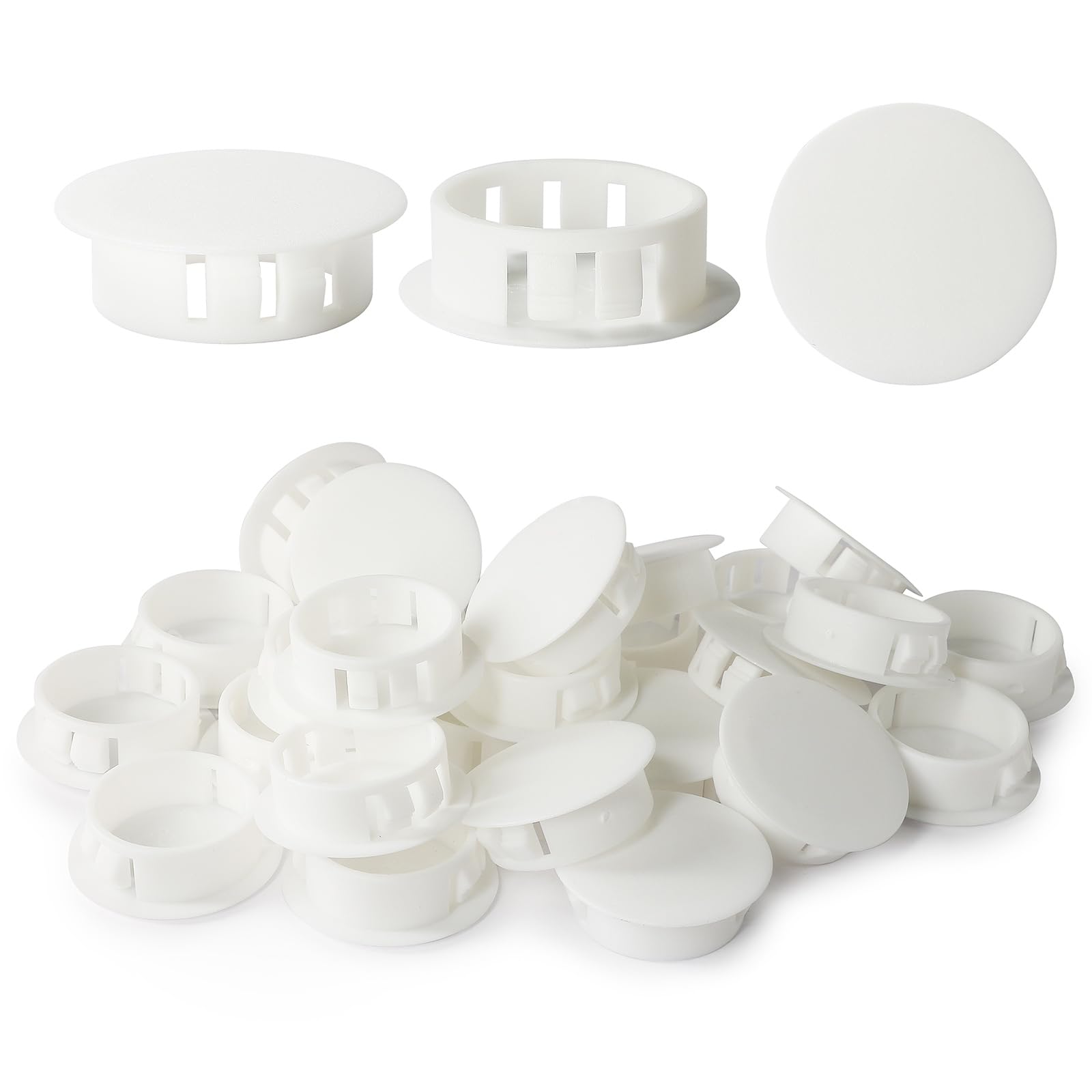 Photo 1 of Masendelk 30pcs Plastic Hole Plugs, Snap in Locking Hole Tube Circular Locking Fastener Cover, Insert End Caps for Furniture Fencing Post Pipe - 28mm, White