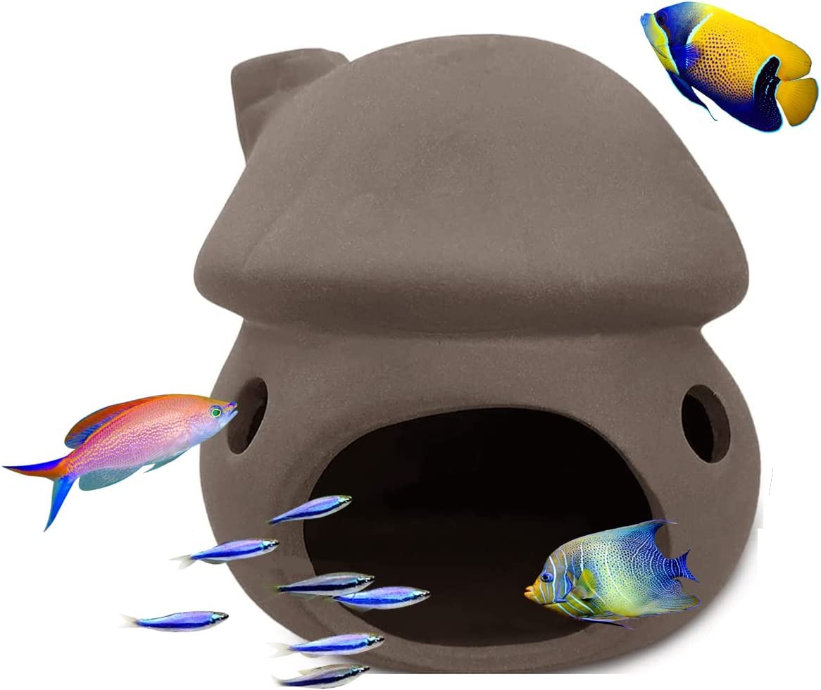 Mushroom House Aquarium Decor, Ceramic Betta Fish Tank Accessories, Goldfish Hideout Hideaway Spawning Cave Shrimp Toad House Betta Bed Aquarium Decorations Pleco Cave(Brown) ﻿