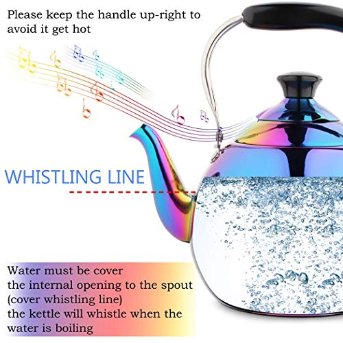ROYDOM Whistling Tea Kettle Stainless Steel Teapot, 2-Liter Rainbow Teakettle for Stovetop Induction Stove Top, Fast Boiling Heat Water Tea Pot Maker Colorful 2.1-Quart