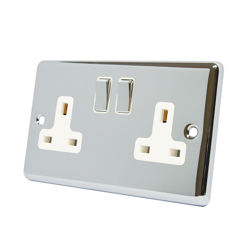 AET CPC2GSOCWC Polished Chrome Classical 2 Gang White Insert Metal Rocker Switches-13 Amp Double Plug Socket