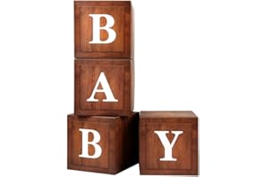 WLMALL Wood Baby Shower Boxes Party Decorations - 4 Wood Grain Brown Blocks with Printed BABY Letters, Gender Reveal Backdrop,Teddy Bear Baby Shower Supplies, First Birthday Centerpiece Decor