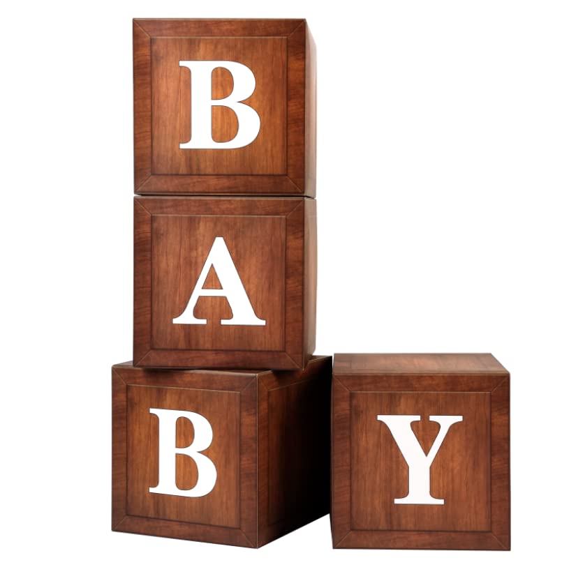 Photo 1 of Wood Baby Shower Boxes Party Decorations - 4 Wood Grain Brown Blocks with Printed BABY Letters, Gender Reveal Backdrop,Teddy Bear Baby Shower Supplies, First Birthday Centerpiece Decor