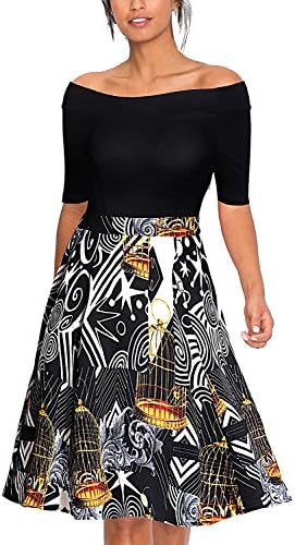 Tuliplazza Women's Boat Neck Birdcage Spiral Slim Cocktail Prom Party Midi Dress, Black/White/Yellow, XL