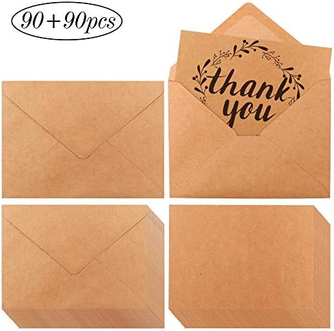 JPSOR A7 Envelopes and Cards, 90 Count A7 Invitation Envelopes and 90 Count 5 x 7 Flat Cards, Kraft Paper A7 Cards and Envelopes for Parties, Weddings, Graduations, Baby Showers, 5.25 x 7.25 Inches