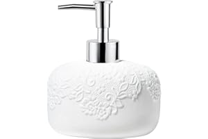 White Soap Dispenser, Ceramic Countertop Lotion Dispenser 14oz with Embossed Design, Bathroom Refillable Lotion Bottle for Sh