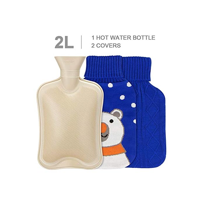 Hot Water Bottle with Knit Cover - Natural Rubber Hot Water Bag BPA Free Durable with Two Replaceable Knit Cover Great…