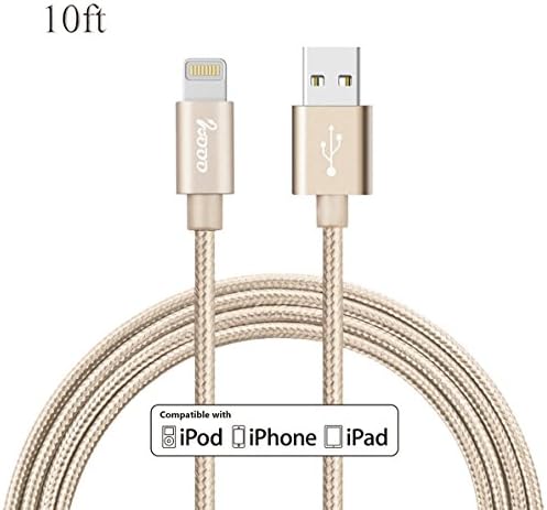 WOOO Nylon Braided Lightning Charger to USB Cable Data Syncing Cord Compatible with iPhone X/iPhone8/iPhone 7/7 Plus/6S/6S Plus,SE/5S/5,iPad,iPod Nano 7/iOS 10 (Gold, 10ft)