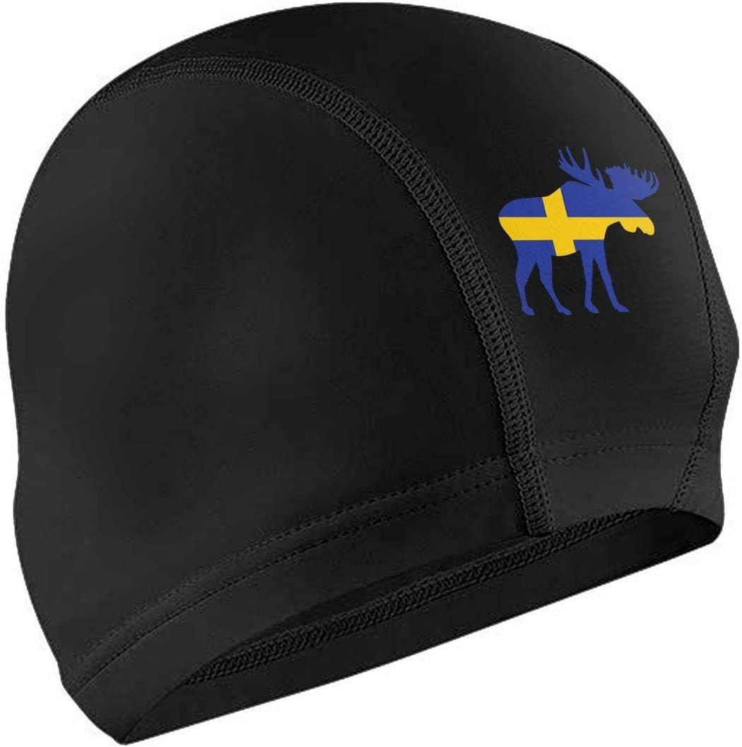 OPLKJ Swedish Flag and Moose Adult Waterproof No-Slip Short and Length Hair Swimming Cap for Woman and Men Black