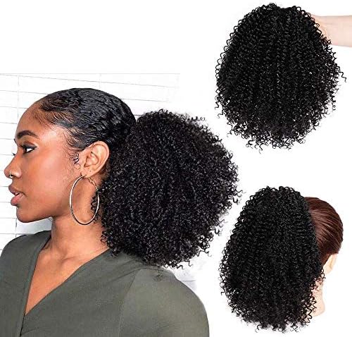 Afro Kinky Curly Ponytail Short Afro Drawstring Ponytail Extentions for African American Black Women Afro Curly Hair Pieces Natural Looking (1#)