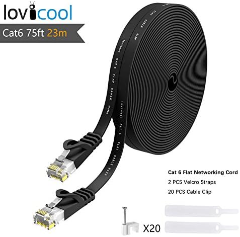 Lovicool Cat6 Ethernet Cable 75 FT Black, Cat-6 Flat RJ45 Computer Internet LAN Network Ethernet Patch Cable Cord for Switch, PS4 Modem and Ethernet Network…