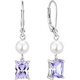 FJ Pearl Drop Earrings 925 Sterling Silver Emerald Cut Dangle Leverback Earrings Birthstone Jewelry Gifts for Women