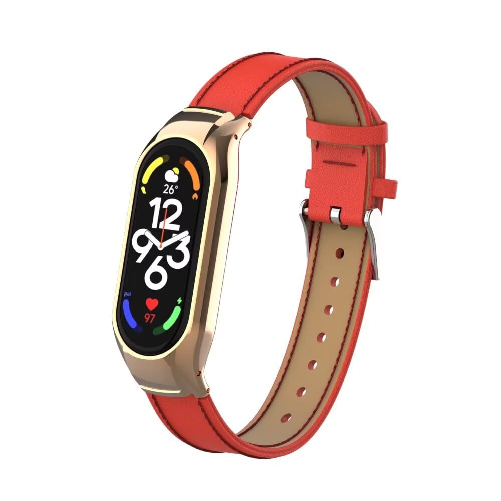 T-BLUER Compatible with Xiaomi Mi Band 7 Strap,Leather Replacement Band Wristband Accessories with Metal Frame for Xiaomi Mi Band 7 Smart Bracelet,Red