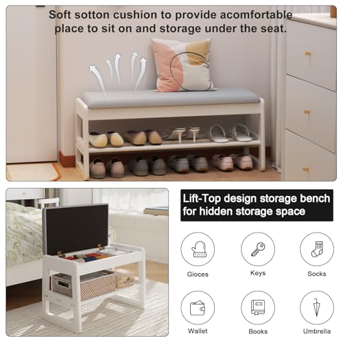 AQIMUELE Shoe Bench Cushion, 2 Levels, Shoe Bench with Folding Lid, Wooden Shoe Rack for Entryway, Hallway 60 cm (White)