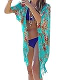 ASHERANGEL Women's Tassel Bikini Covers Floral Printed Bathing Suit Kimono Cover Up