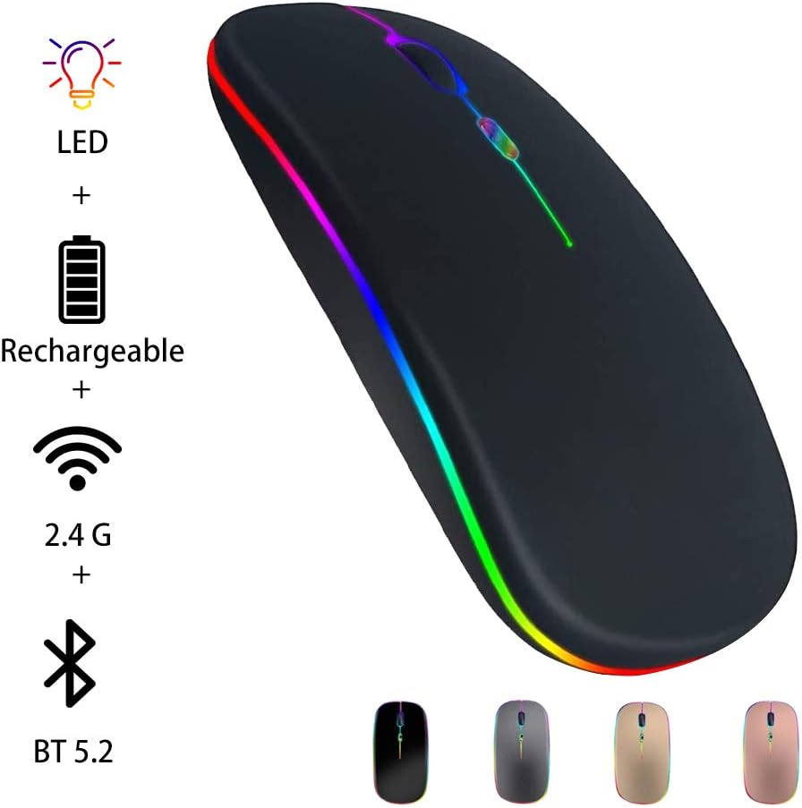 Wireless Bluetooth Mouse,Rechargable LED Dual Modes (BT5.2+2.4G) Silent Slim Wireless Mouse with 3 Adjustable DPI for Laptop,MacBook,MacOS10.10,iPadOS 13 and Above (2.4G Wireless+Bluetooth)
