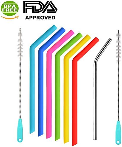 XOSOY Reusable Silicone Smoothie Straws (x6) + Stainless Steel Drinking Straw With Cleaning Brush(x2) for 20 30 oz Yeti Tumbler BPA-Free Dishwasher Safe