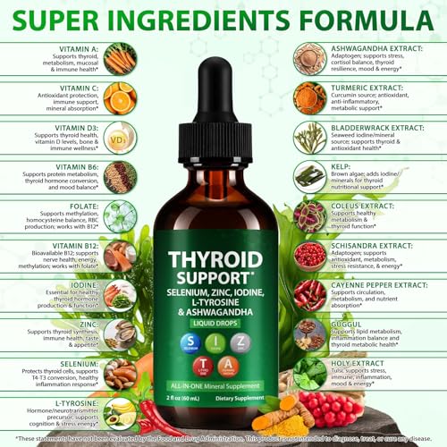 Thyroid Support Liquid Drops, High Absorption Thyroid Supplement with Iodine, Selenium, Zinc, Ashwagandha & L-Tyrosine for Cortisol & Stress Relief, Non-GMO,Vegan,2 Fl Oz