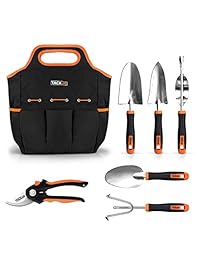 Herramientas de jardín, 7 piezas, acero inoxidable Heavy Duty Jardinería kit con tacto suave de goma Mango antideslizante durable Bolsa de almacenamiento y tijeras de podar Jardín regalos para hombres & mujeres ggt4 a