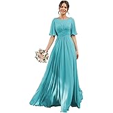 KHACHVA Flutter Sleeve Bridesmaid Dresses Long with Pocket 2026 Ruched A Line Formal Evening Dress KH044
