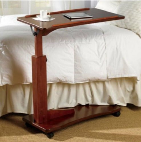 Adjustable Bedside Table With Wheels - Made of Wood - Walnut