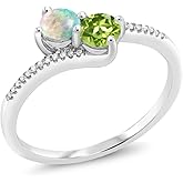Gem Stone King 10K White Gold Forever United 2 Stone White Simulated Opal and Green Peridot and Diamond Engagement Ring For Women (0.72 Cttw, Round)