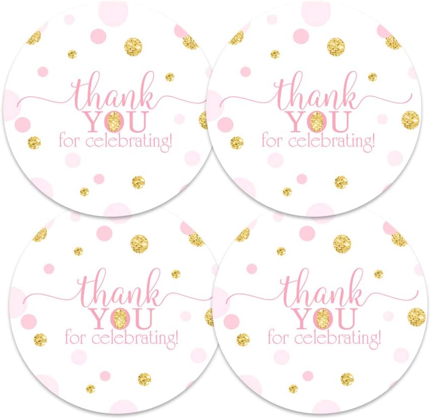 Pink and Gold Stickers (60 Pack) Girls Baby Shower Favors Party Supplies Many Use Round Labels