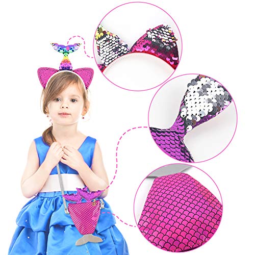 Mermaid Sequin Set, Mermaid Crossbody Bag Sequin Mermaid Accessory Headband and Cute Mermaid Hair Clips for Girls Kids­ Cosplay Party Favors