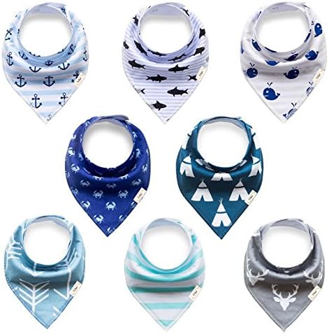 Baby Bandana Drool Bibs For Boys For Drooling, Teething and Feeding, Pack of 8 - 100% Organic Cotton Toddler Bibs With Snaps Super Absorbent, Soft, &amp; Modern Design - Unisex Baby Shower/Registry Gift
