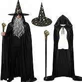 YAQIZENG Wizard Costume Set with Velvet Cloak Wig Beard Wand Hat Halloween Witch Magician Cosplay Costumes Party Props