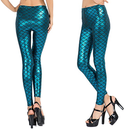 Fish Scale Leggings, Mermaid Shinny Fish Scale Leggings, Printed Trouser Pants Skinny Leggings Pants for Women, Sky Blue S