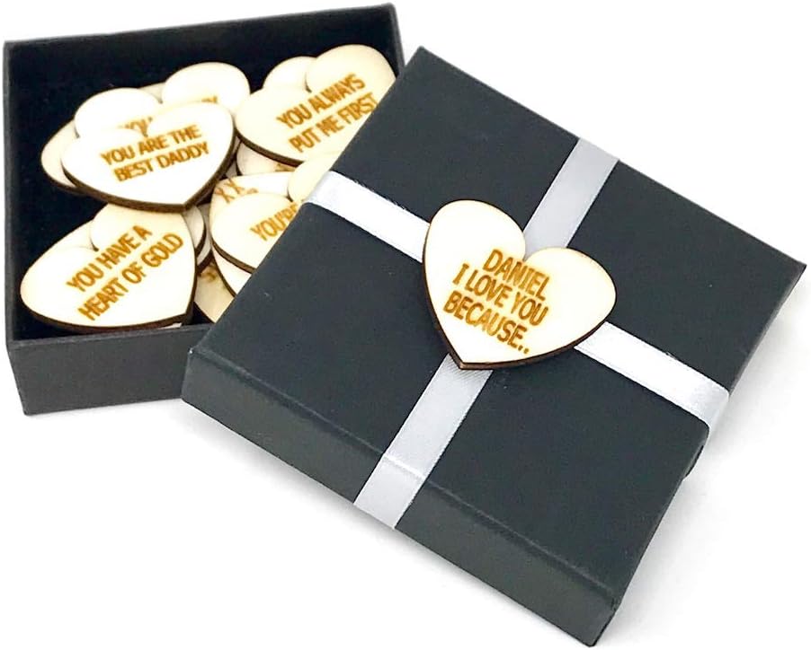 Acrylics I Love You Because. Personalised Wooden Hearts With 10 Messages Of Your Choice (Silver Ribbon)