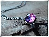yi sheng Pink Purple Nebula necklace,Galaxy necklace,Glass pendant Double sided sphere， Bronze