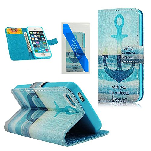 MOLLYCOOCLE Fashion Style Wallet Book Case Magnetic Design Flip Folio PU Leather Cover Standup Cover Case with Skyblue Skin Sea Anchors Pattern for iPhone 5 5S 5G