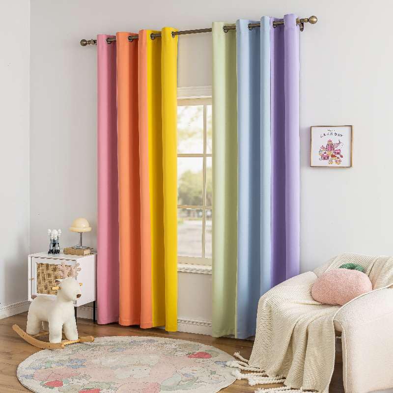 Photo 1 of LCOOMZEN Rainbow Curtains Made with a Patchwork of Pink, Orange, Yellow, Green, Blue, and Purple for Kids Bedroom Blackout Colored Curtains for Bedroom Classroom (2 Panels, W52 X L84)