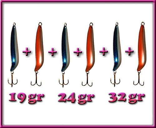 Salmon, trout, pike silver blue 19g + 24g + 32g and silver red 19g + 24g + 32g spoon lures, spinner baits, fishing baits, spinners for any water for professional fisherman!!!