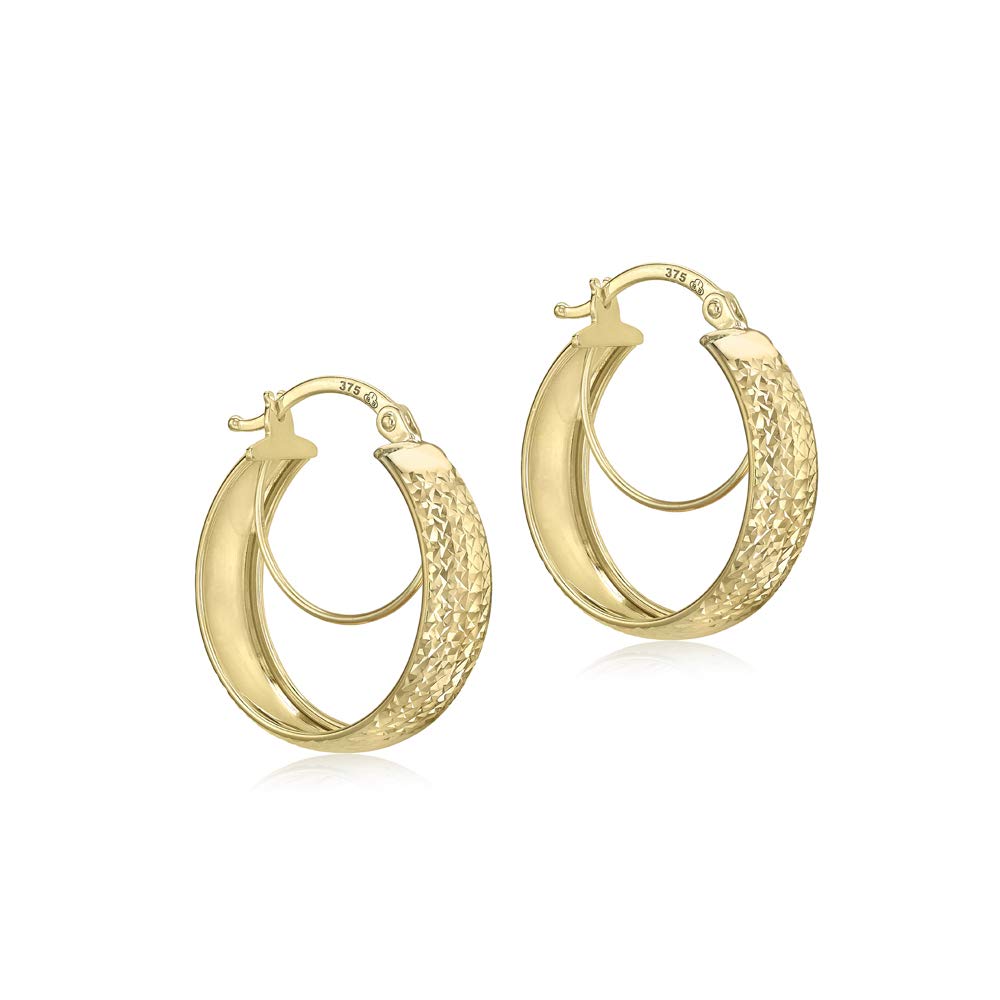 CARISSIMA Women's 9 ct Yellow Gold Diamond Cut 19 mm Double Hoop Creole Earrings