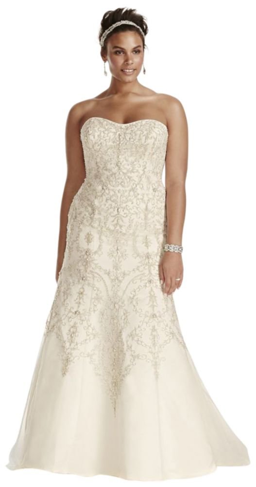 Plus Size Oleg Cassini Tulle Beaded Mermaid Wedding Dress Style 8CWG706