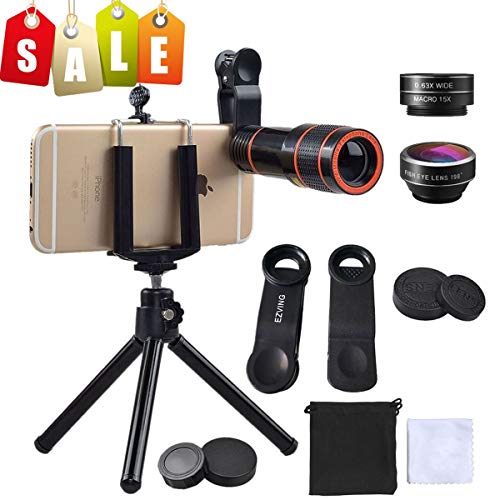 Cell Phone Camera Zoom Lens Kit, EZVING 4 in 1 HD 12X Optical Telescope Zoom Lens Fisheye Wide Angle Macro Lens w/Universal Clip Tripod iPhone 6/7/6s Plus,Samsung,Google,LG and Other Smart Phones (Best Concert Photography Lens)