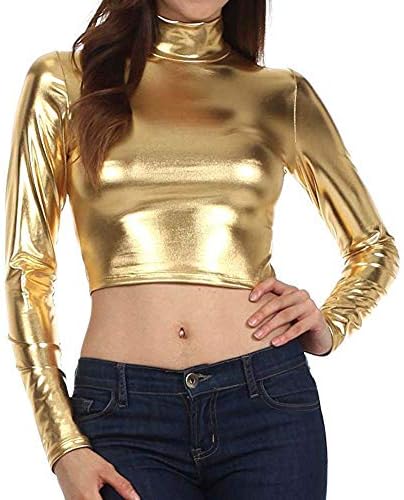 Orangeskycn Womens Pullover Metallic Liquid Party Mock Turtleneck Crop Short Top Tunic Blouse