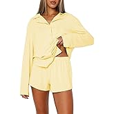 Giraropa Button Down Pajamas Women 2 Piece Lounge Set Shirt and Shorts Long Sleeve Pjs Sleepwear Loungewear