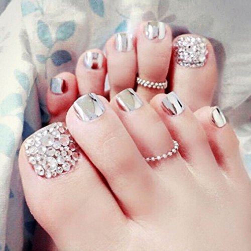 Bridalvenus Set of 24 False Nail for Toe Chic Exquisite Bling Rhinstones Bridal Fake Nail for Toes Full Cover Nail Tips - Press on Nail Short Square with Glue and Adhesive Tab for women and girls