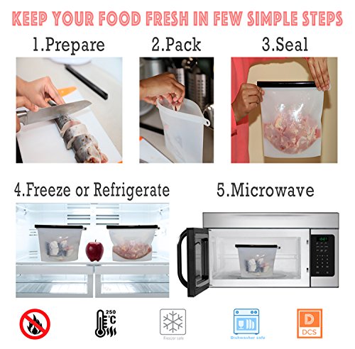 Reusable Silicone Food Storage Bag by DCS | 2x50OZ(1.5L) and 2x34OZ(1L) Bags + 2 FREE Food Wraps | FDA & SGS Approved | Microwave & Dishwasher Safe | Airtight & Leak proof - Thumbnail 2