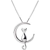 TMCO 925 Sterling Silver Moon Cat Necklace Cat Pendant Necklace