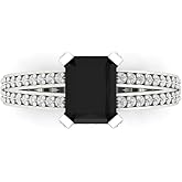 Clara Pucci 2.35 cttw Onyx 14K White Gold Solitaire with Accents Ring for Women - Cocktail Statement Fashion Jewelry Gift (8x6mm, Emerald Cut)