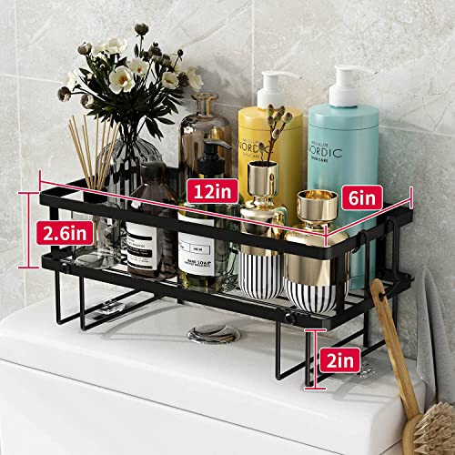 Bathroom Organizer Over The Toilet Storage Shelf, Iron Restroom Organizers with Hanging Hook & Adhesive Base, No Drilling Space Saver with Wall Mounting Design (Black)