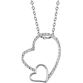 Gem Stone King Diamond Accent Double Heart Pendant Necklace for Women | 25MM = 1 Inch | With 16 Inches Chain and Spring Ring