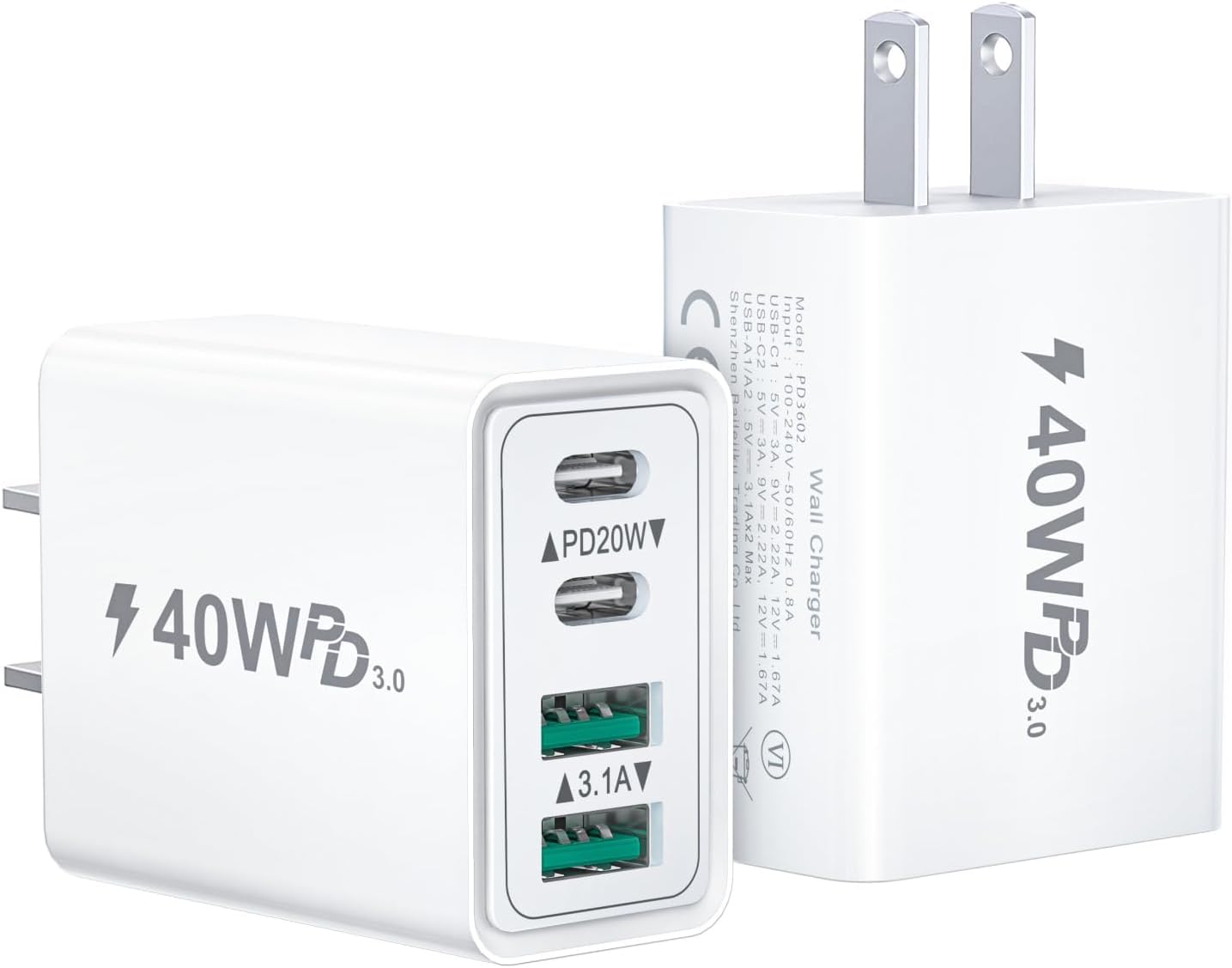 Photo 1 of [2-Pack] USB C Charger Block,40W Wall Plus Fast Charging Cube,4-Port Dual PD+QC Wall Plug Fast Charging Block Compatible for iPhone 15/14/13/12/11/Pro Max/XS/XR/8/7,iPad, iwatch, Samsung Galaxy