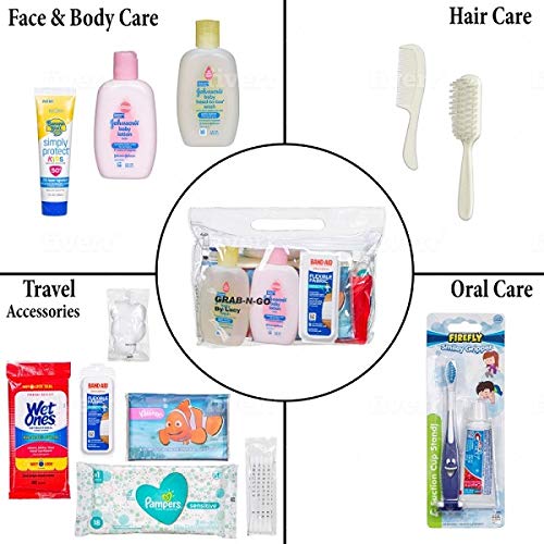 Baby's Ultimate Travel Toiletries Bag/Baby Shampoo Lotion Wipes Sunscreen Teeth Care Soft rush Comb set and Basic First Aid/TSA Approved Sizes Bundle