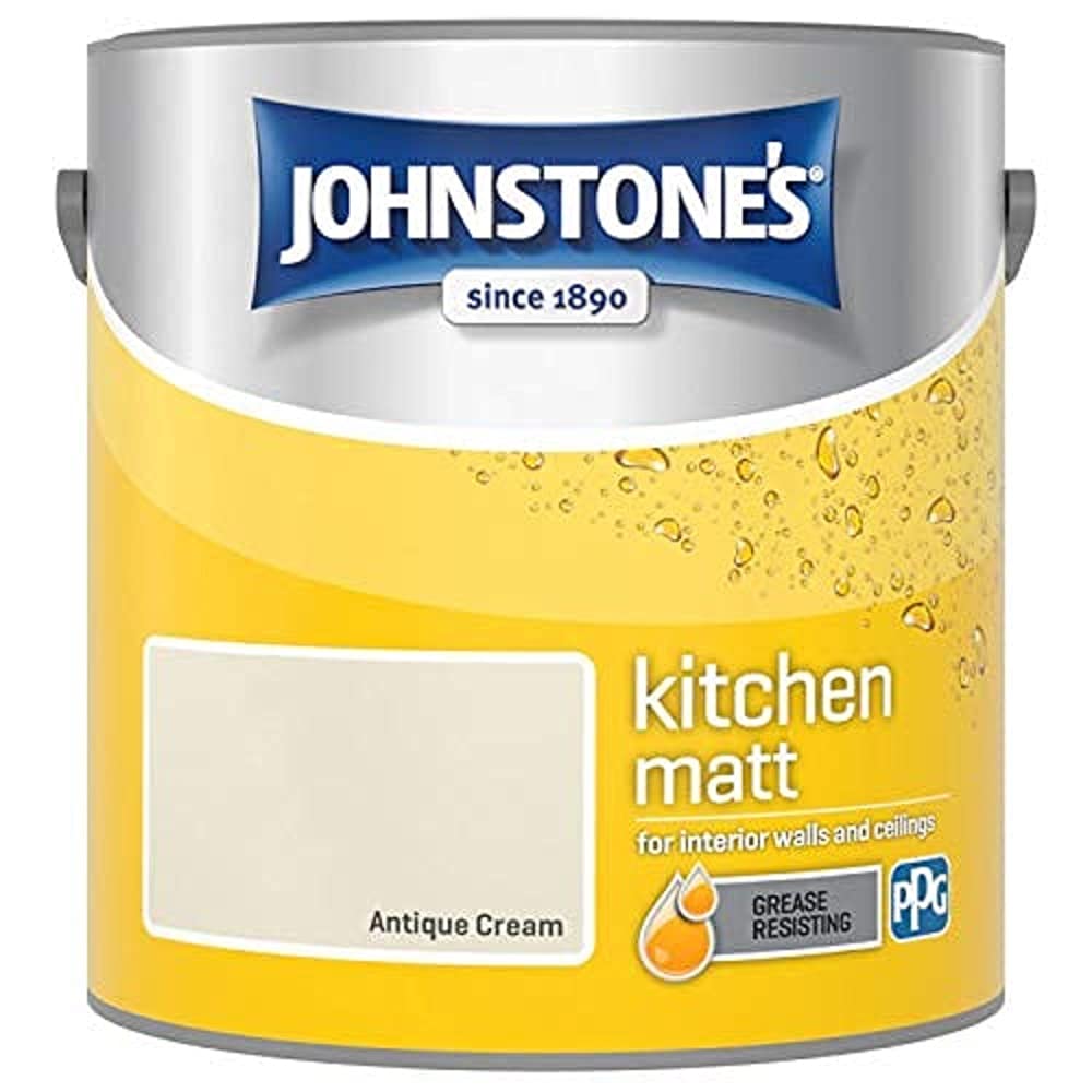 Johnstone's - Kitchen Paint - Antique Cream - Matt Finish - Grease & Stain Resistant - Suitable for Kitchen Walls & Ceilings - Highly Durable - Low Odour - 12m2 Coverage per Litre - 2.5L