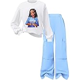 Cakaner Tween Girls Clothes Long Sleeve Graphic Printed Shirt and Cargo Pants 2 Pieces Fall Teen Outfits Size 6-14